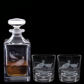 Engraved Game Pheasant Decanter & A Pair Of Engraved Pheasant Tumblers 